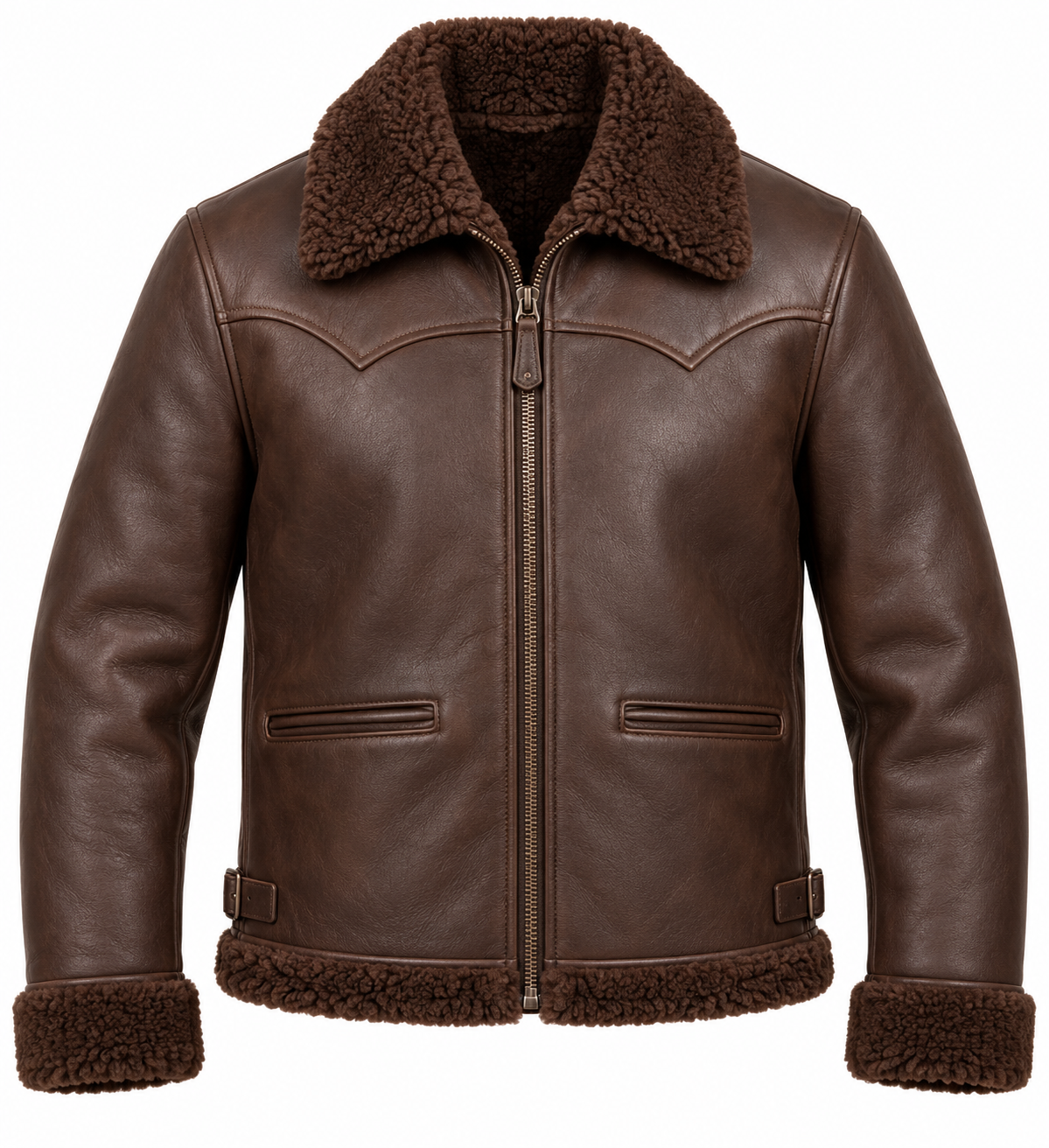 Men’s Brown Sheepskin Shearling Buckle-Waist Ranch Zip Jacket — SH053