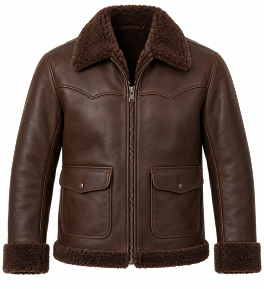 Men’s Brown Sheepskin Shearling Patch-Pocket Ranch Zip Jacket — SH054