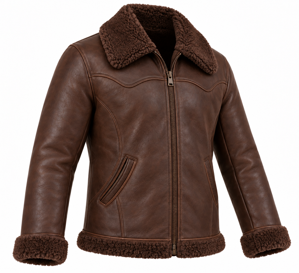Men’s Brown Sheepskin Shearling Curved-Panel Ranch Zip Jacket — SH055