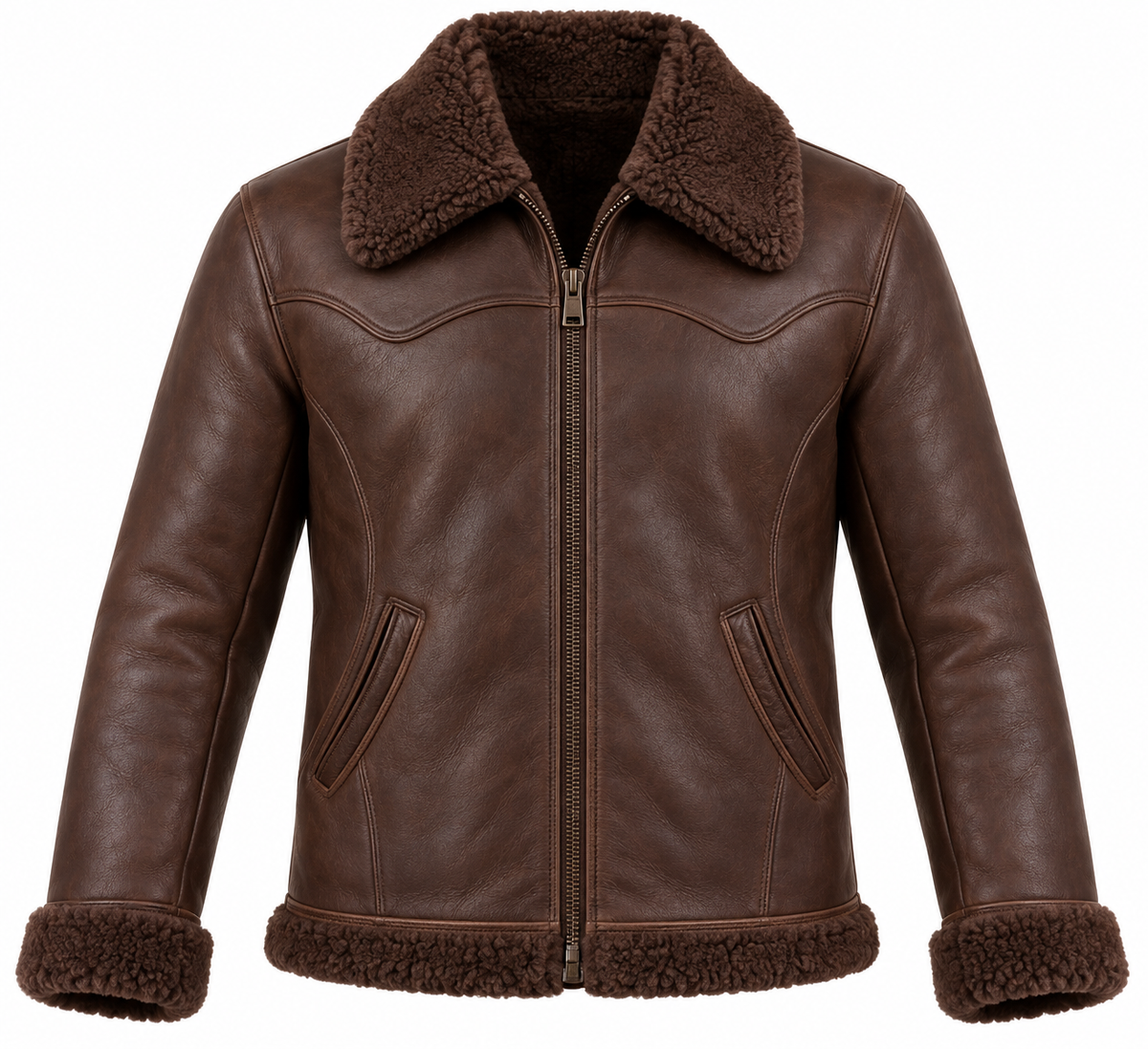 Men’s Brown Sheepskin Shearling Curved-Panel Ranch Zip Jacket — SH055