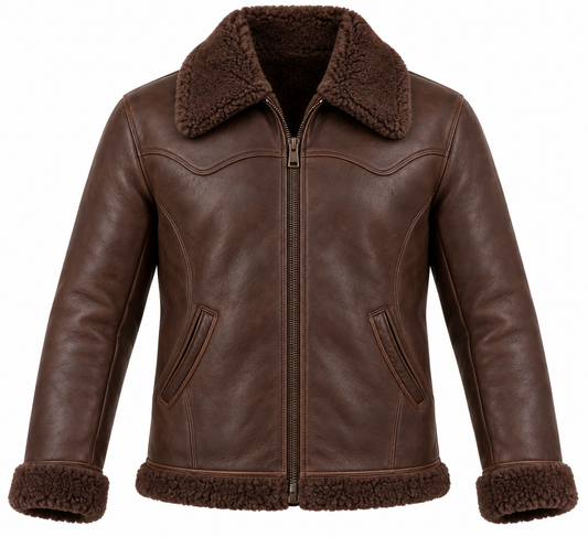 Men’s Brown Sheepskin Shearling Curved-Panel Ranch Zip Jacket — SH055