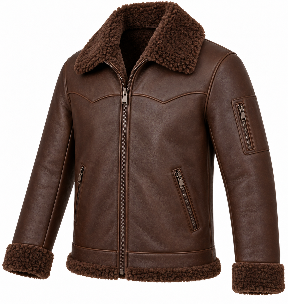 Men’s Brown Sheepskin Shearling Utility-Zip Ranch Zip Jacket — SH056