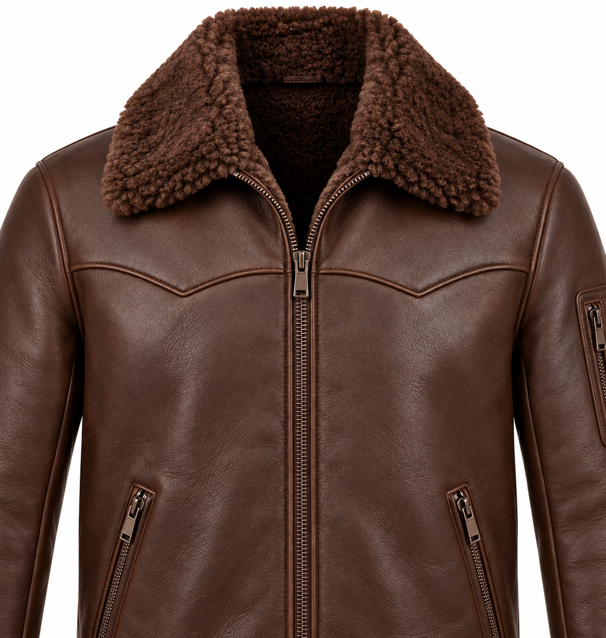 Men’s Brown Sheepskin Shearling Utility-Zip Ranch Zip Jacket — SH056