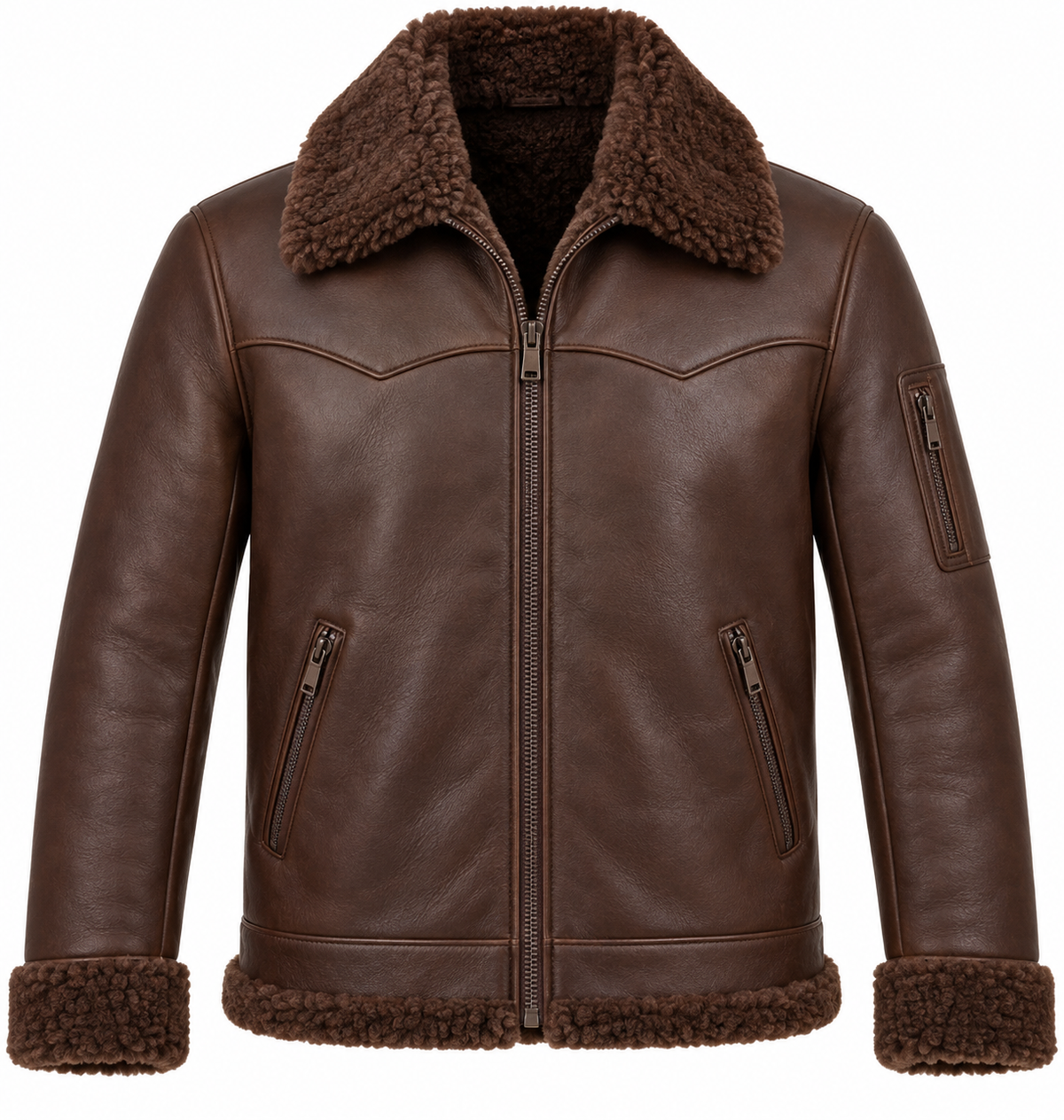 Men’s Brown Sheepskin Shearling Utility-Zip Ranch Zip Jacket — SH056