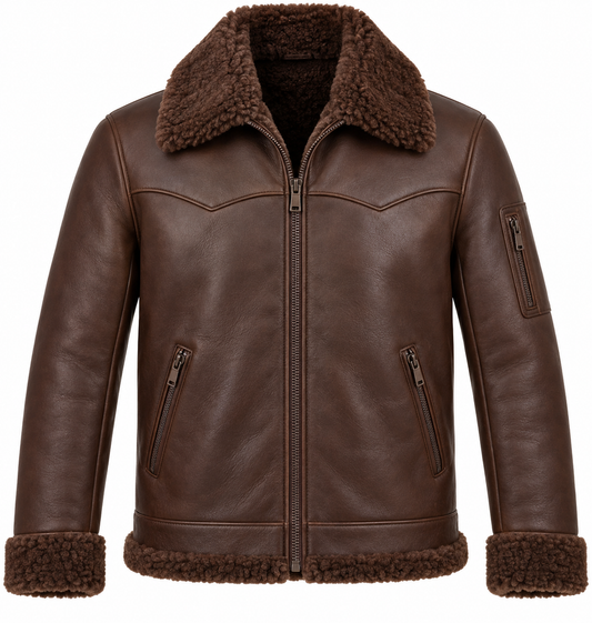 Men’s Brown Sheepskin Shearling Utility-Zip Ranch Zip Jacket — SH056