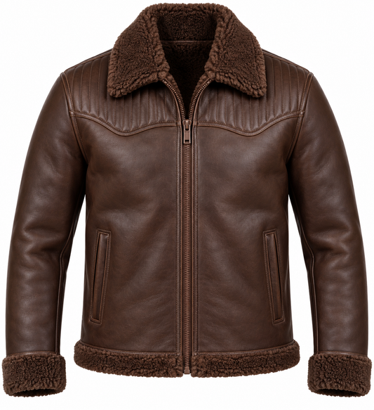 Men’s Brown Sheepskin Shearling Channel-Yoke Ranch Zip Jacket — SH057
