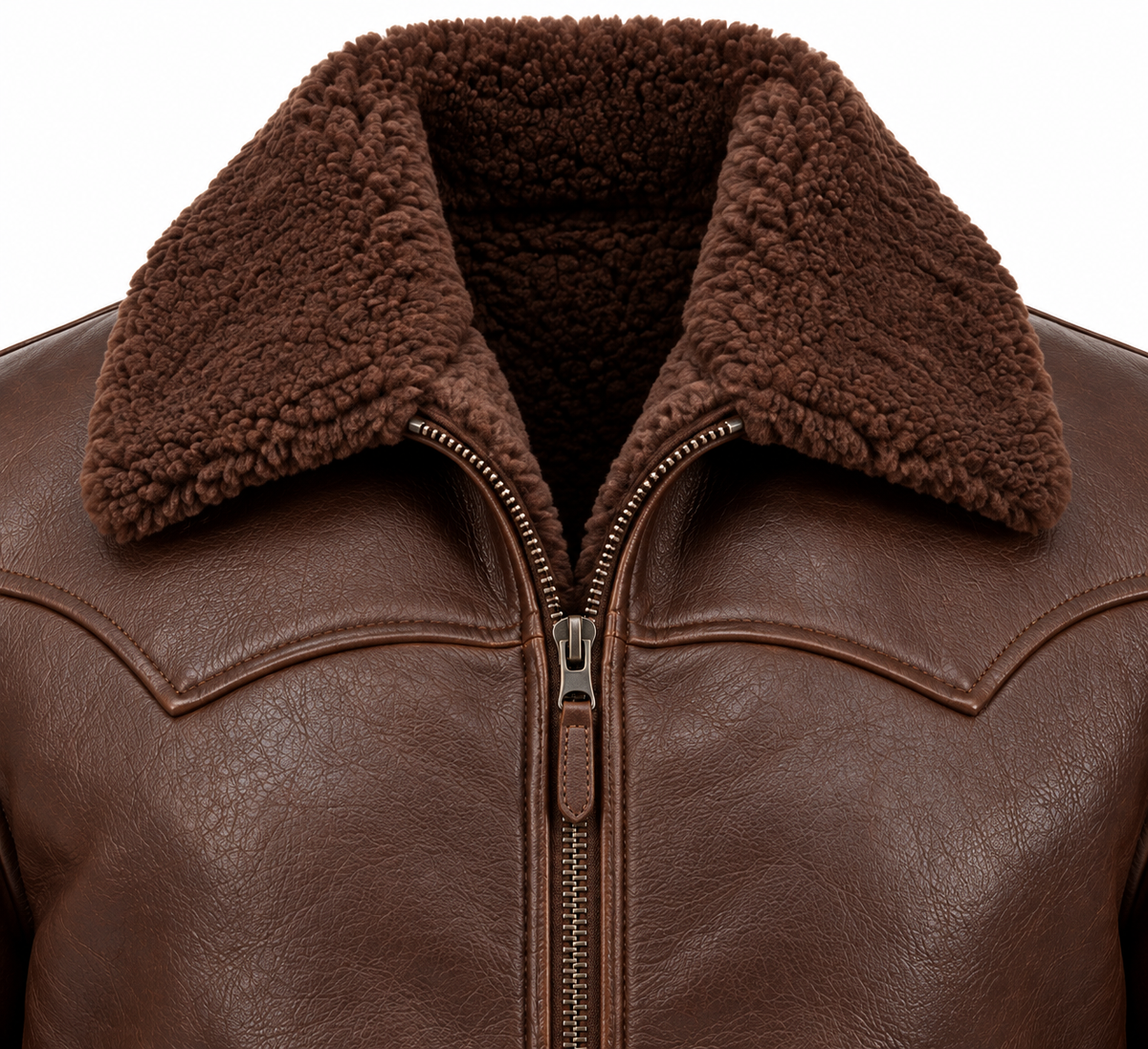 Men’s Brown Sheepskin Shearling Half-Belt Ranch Zip Jacket — SH058