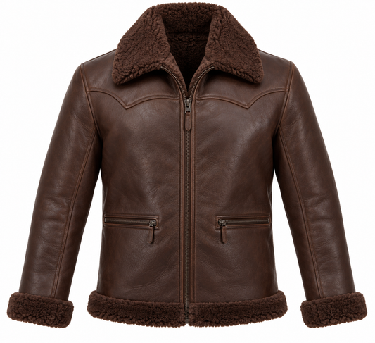 Men’s Brown Sheepskin Shearling Half-Belt Ranch Zip Jacket — SH058