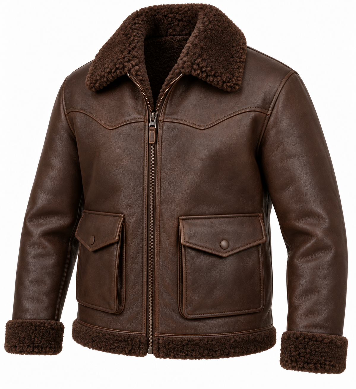 Men’s Brown Sheepskin Shearling Angular-Flap Ranch Zip Jacket — SH059