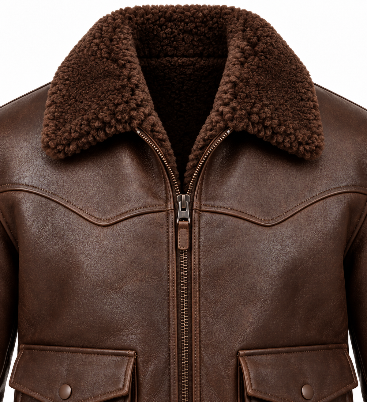 Men’s Brown Sheepskin Shearling Angular-Flap Ranch Zip Jacket — SH059