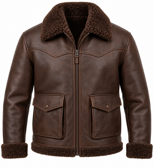 Men’s Brown Sheepskin Shearling Angular-Flap Ranch Zip Jacket — SH059