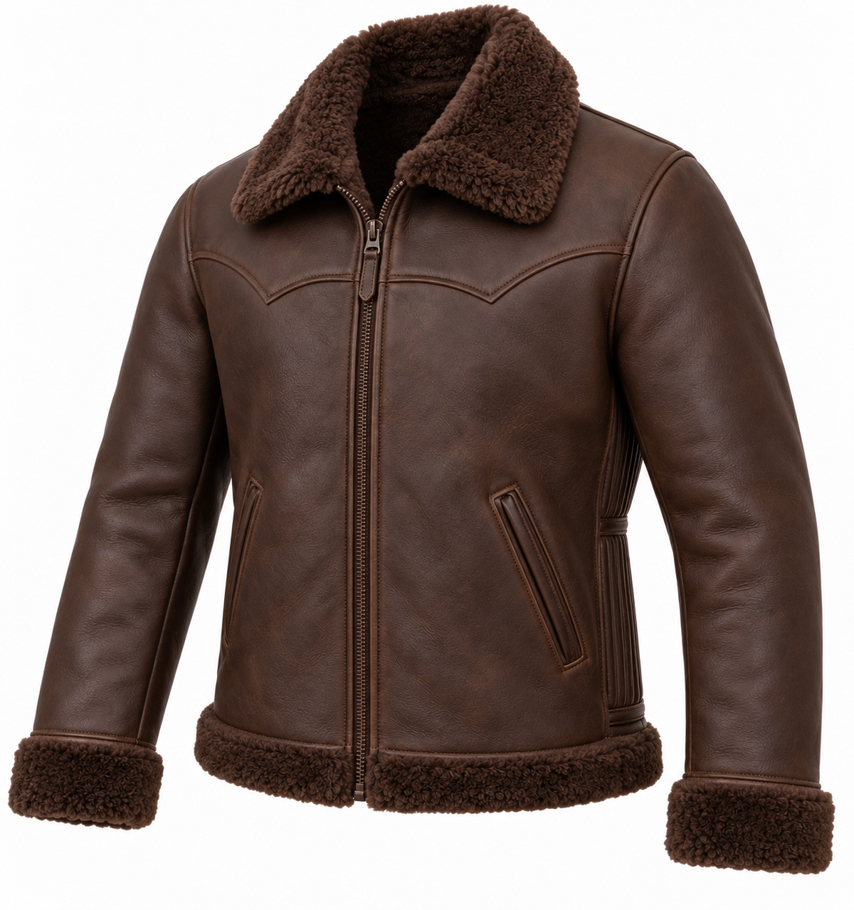 Men’s Brown Sheepskin Shearling Accordion-Side Ranch Zip Jacket — SH060