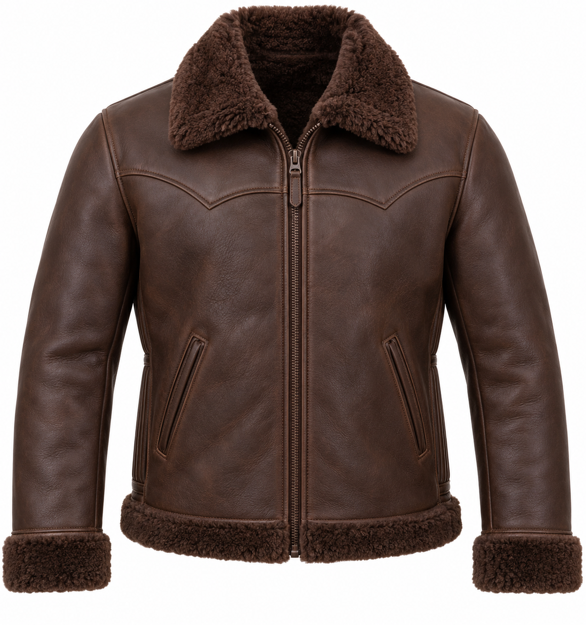 Men’s Brown Sheepskin Shearling Accordion-Side Ranch Zip Jacket — SH060