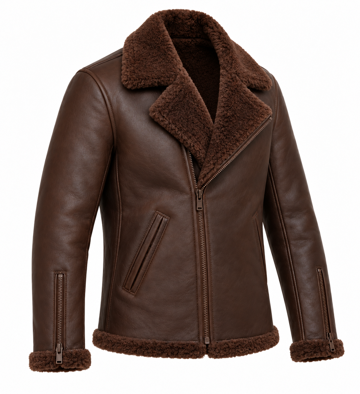 Men’s Brown Sheepskin Shearling Slanted-Welt Moto Jacket — SH061