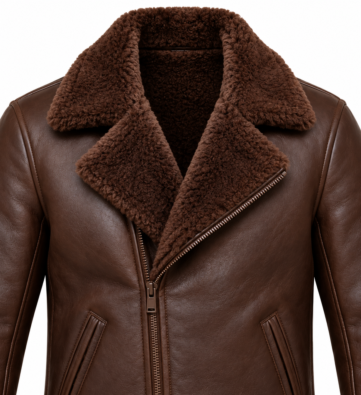 Men’s Brown Sheepskin Shearling Slanted-Welt Moto Jacket — SH061