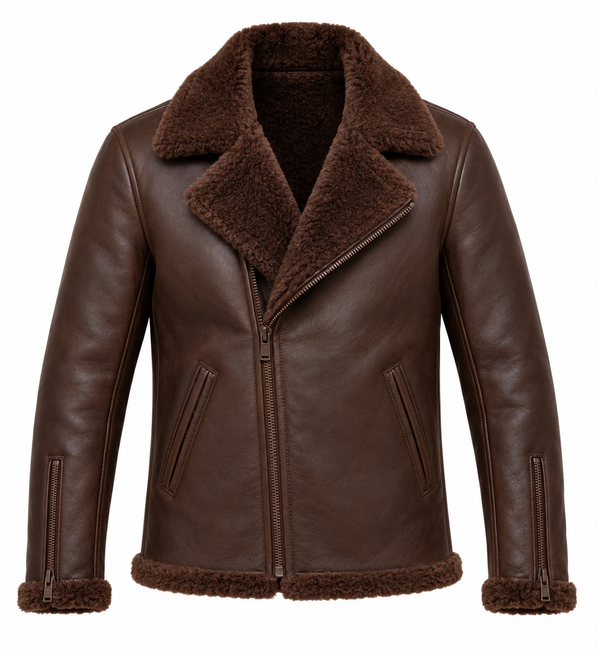 Men’s Brown Sheepskin Shearling Slanted-Welt Moto Jacket — SH061