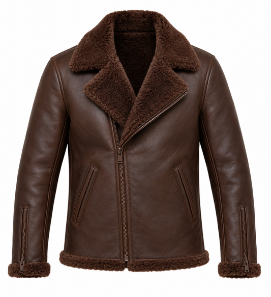Men’s Brown Sheepskin Shearling Slanted-Welt Moto Jacket — SH061