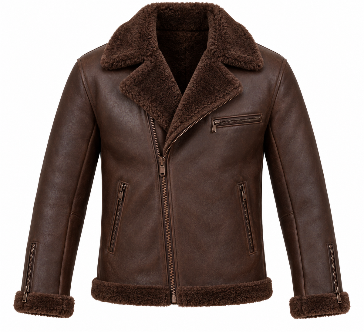 Men’s Brown Sheepskin Shearling Twin-Zip Moto Jacket — SH062