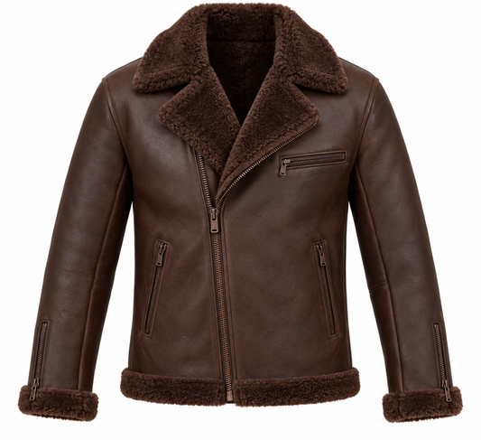 Men’s Brown Sheepskin Shearling Twin-Zip Moto Jacket — SH062