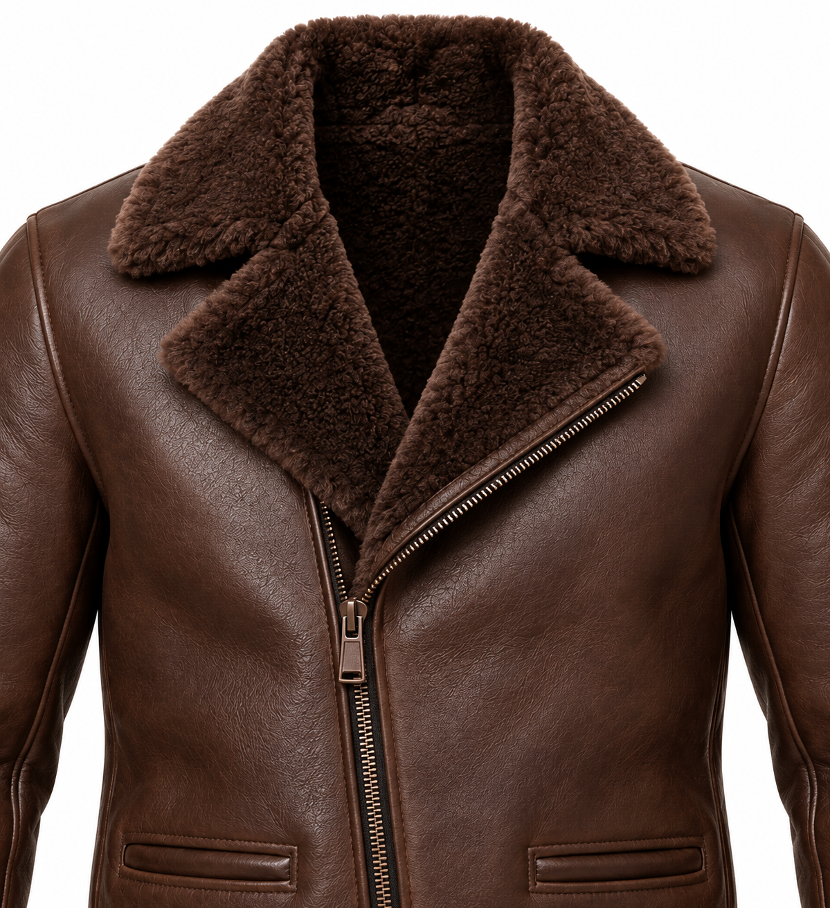 Men’s Brown Sheepskin Shearling Buckle-Waist Moto Jacket — SH063