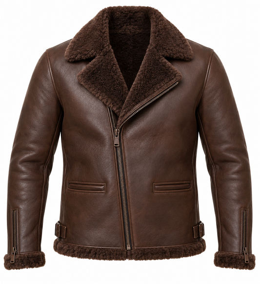 Men’s Brown Sheepskin Shearling Buckle-Waist Moto Jacket — SH063