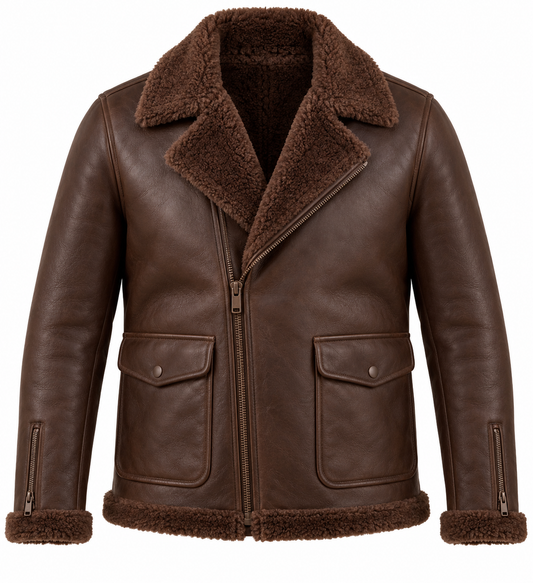 Men’s Brown Sheepskin Shearling Patch-Pocket Moto Jacket — SH064