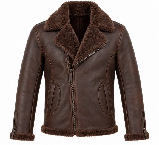 Men’s Brown Sheepskin Shearling Curved-Panel Moto Jacket — SH065