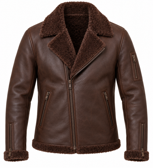 Men’s Brown Sheepskin Shearling Utility-Zip Moto Jacket — SH066