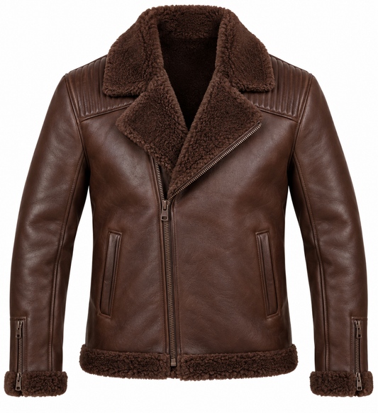 Men’s Brown Sheepskin Shearling Channel-Yoke Moto Jacket — SH067