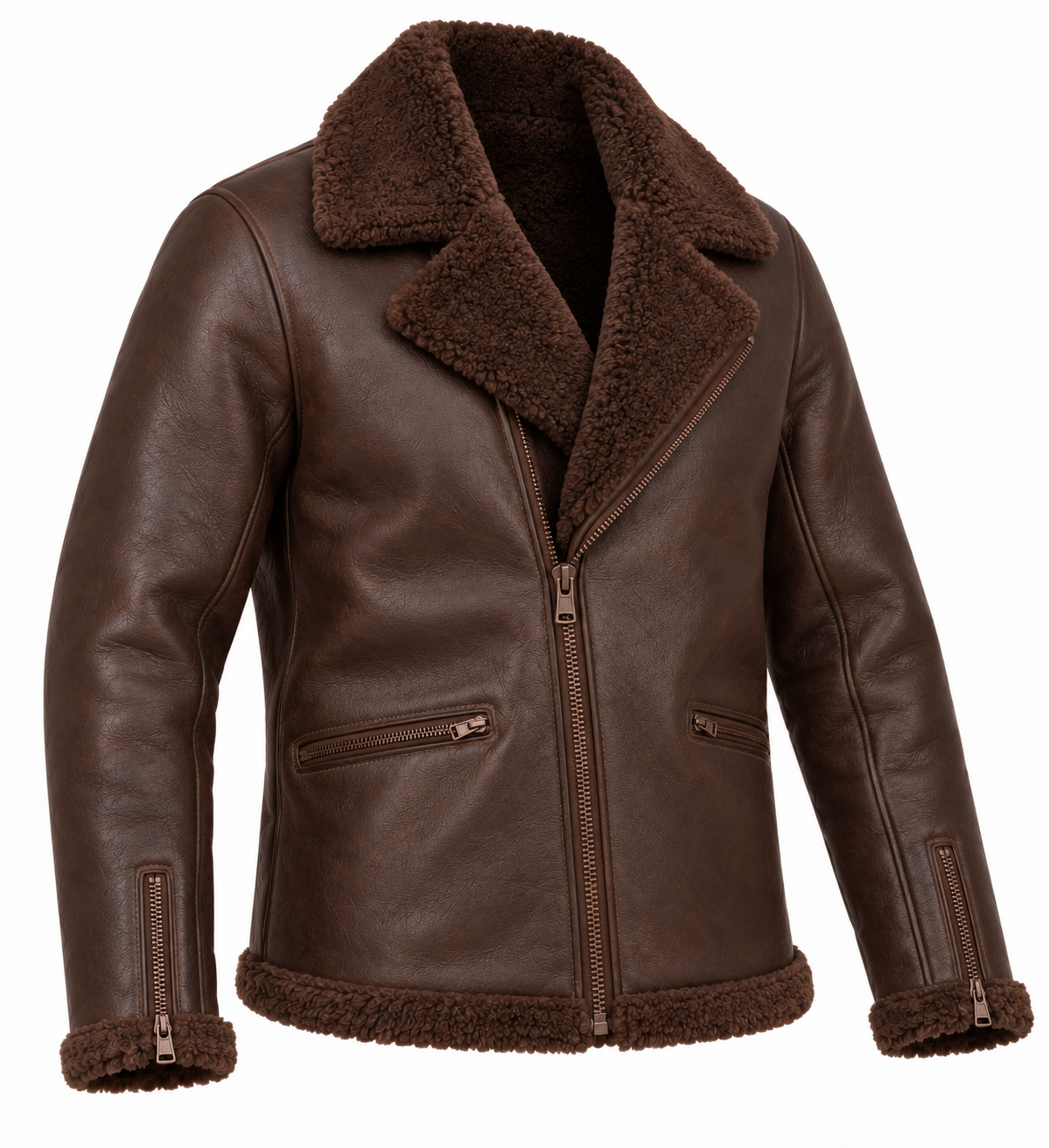 Men’s Brown Sheepskin Shearling Half-Belt Moto Jacket — SH068