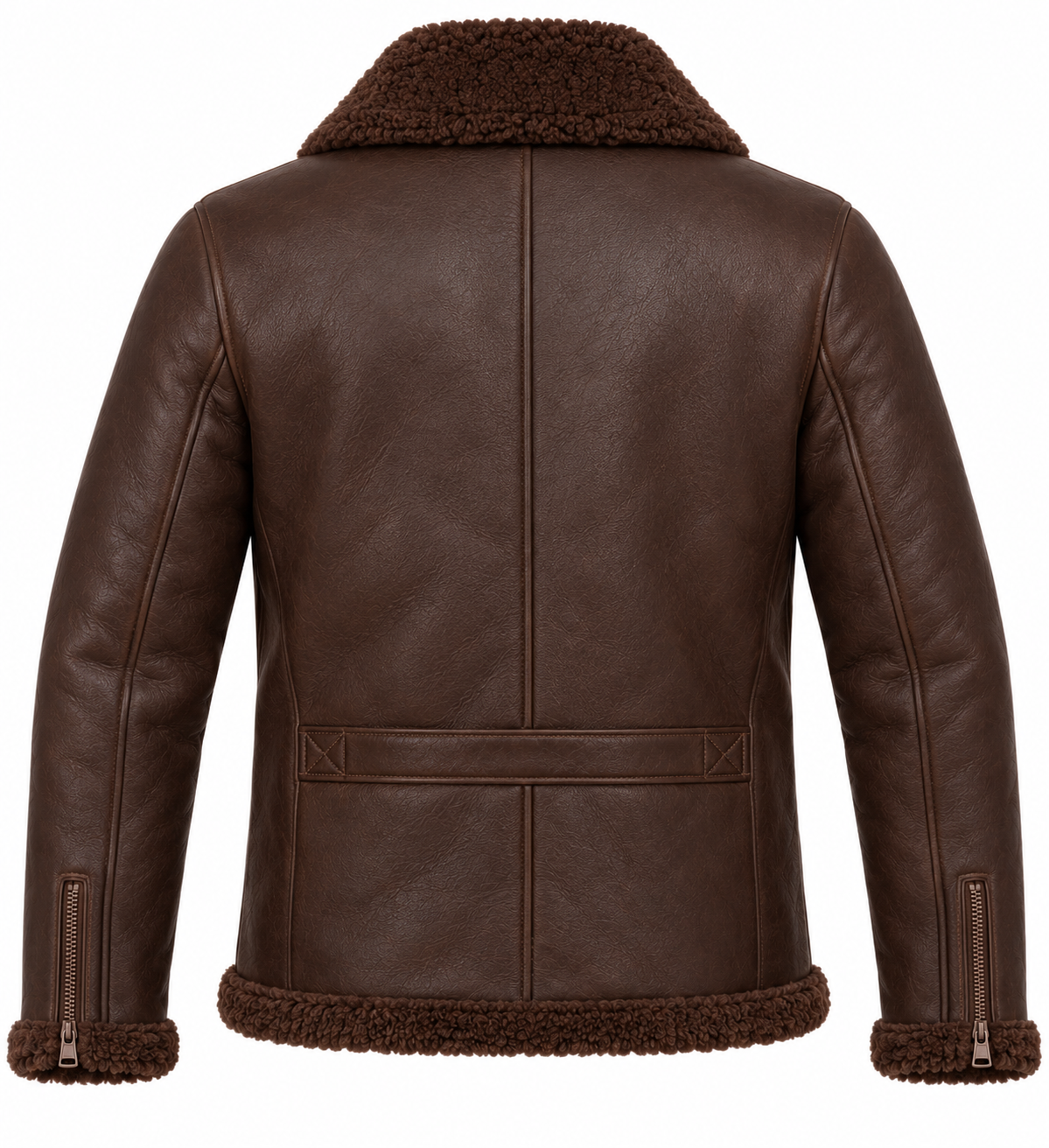 Men’s Brown Sheepskin Shearling Half-Belt Moto Jacket — SH068