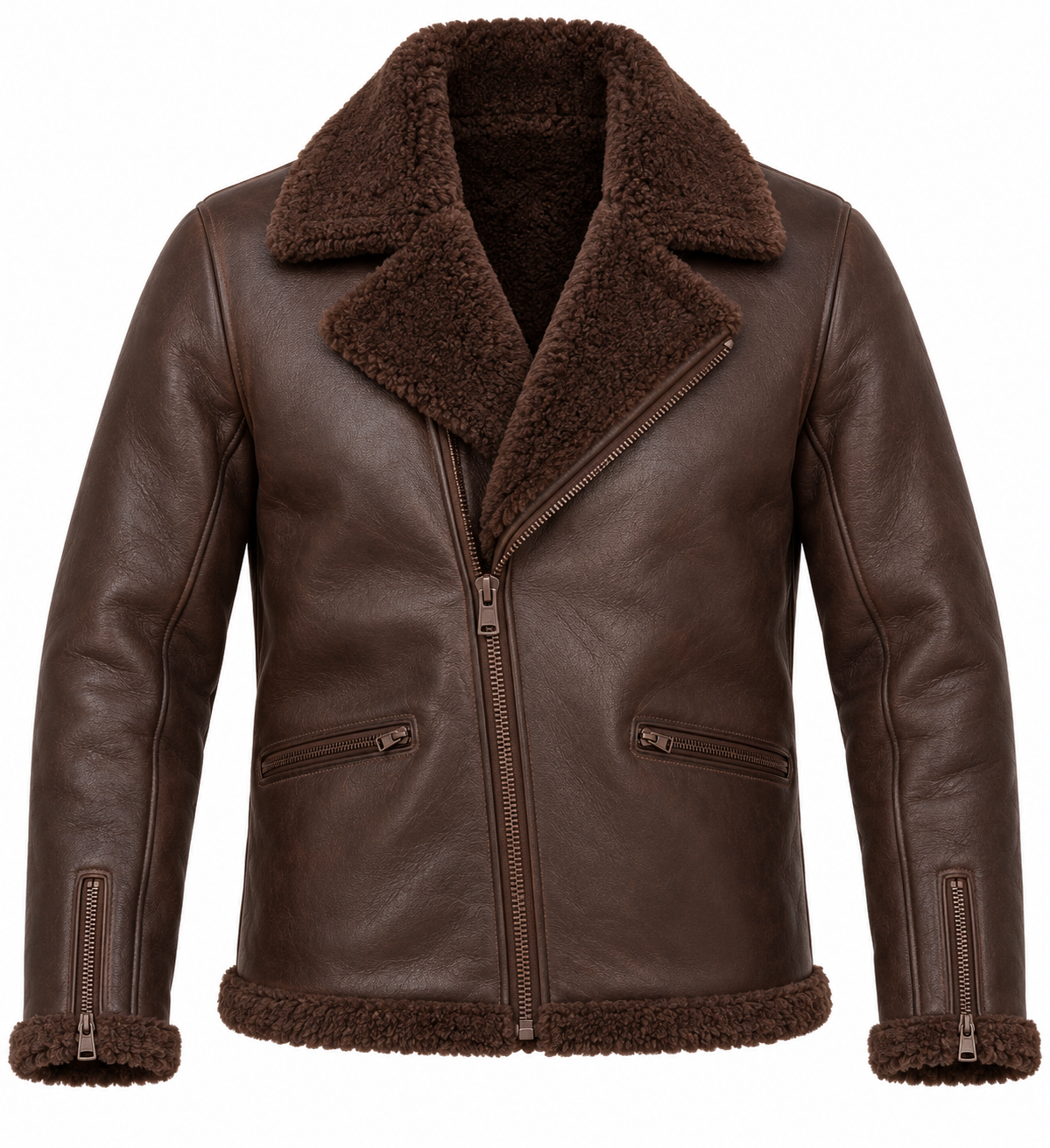 Men’s Brown Sheepskin Shearling Half-Belt Moto Jacket — SH068