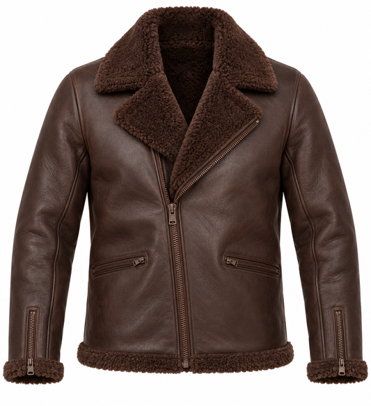 Men’s Brown Sheepskin Shearling Half-Belt Moto Jacket — SH068