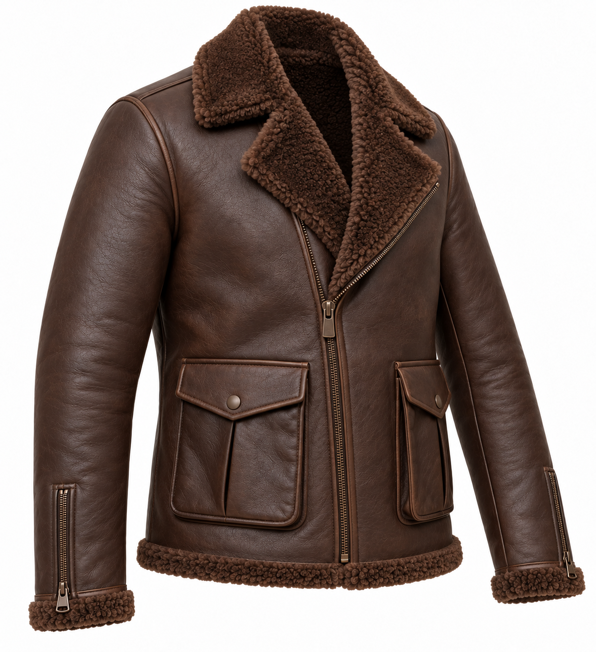Men’s Brown Sheepskin Shearling Angular-Flap Moto Jacket — SH069