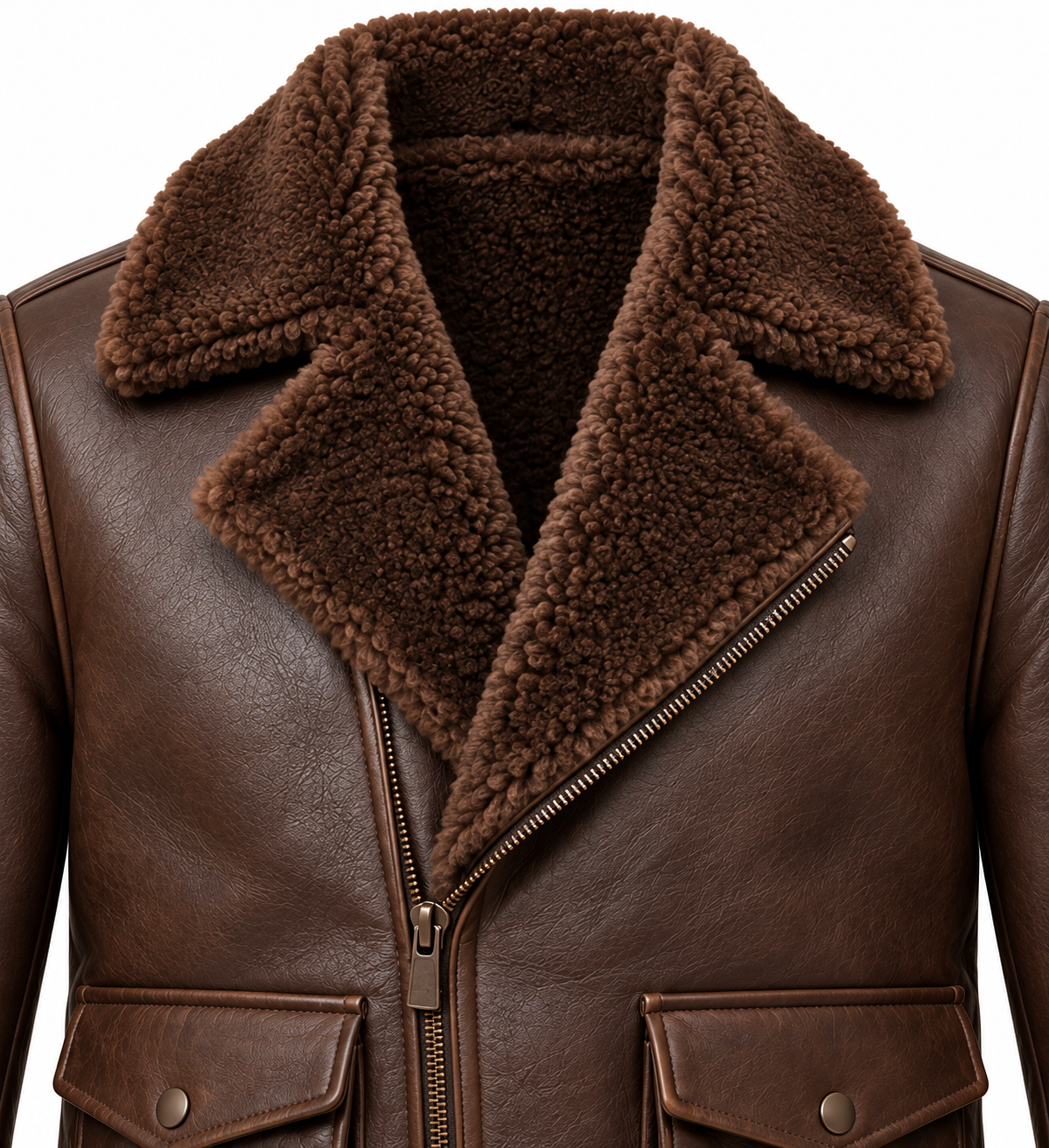 Men’s Brown Sheepskin Shearling Angular-Flap Moto Jacket — SH069