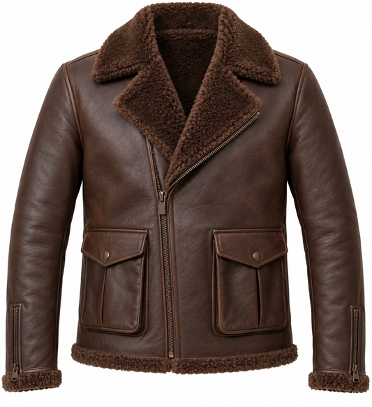 Men’s Brown Sheepskin Shearling Angular-Flap Moto Jacket — SH069