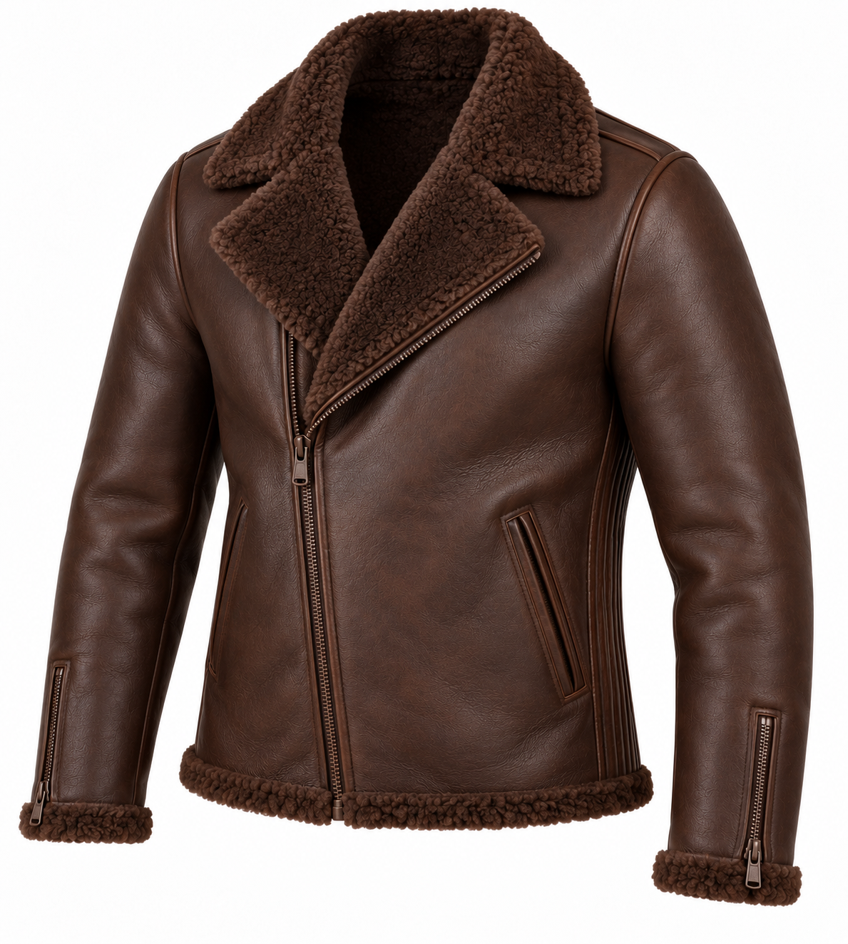 Men’s Brown Sheepskin Shearling Accordion-Side Moto Jacket — SH070