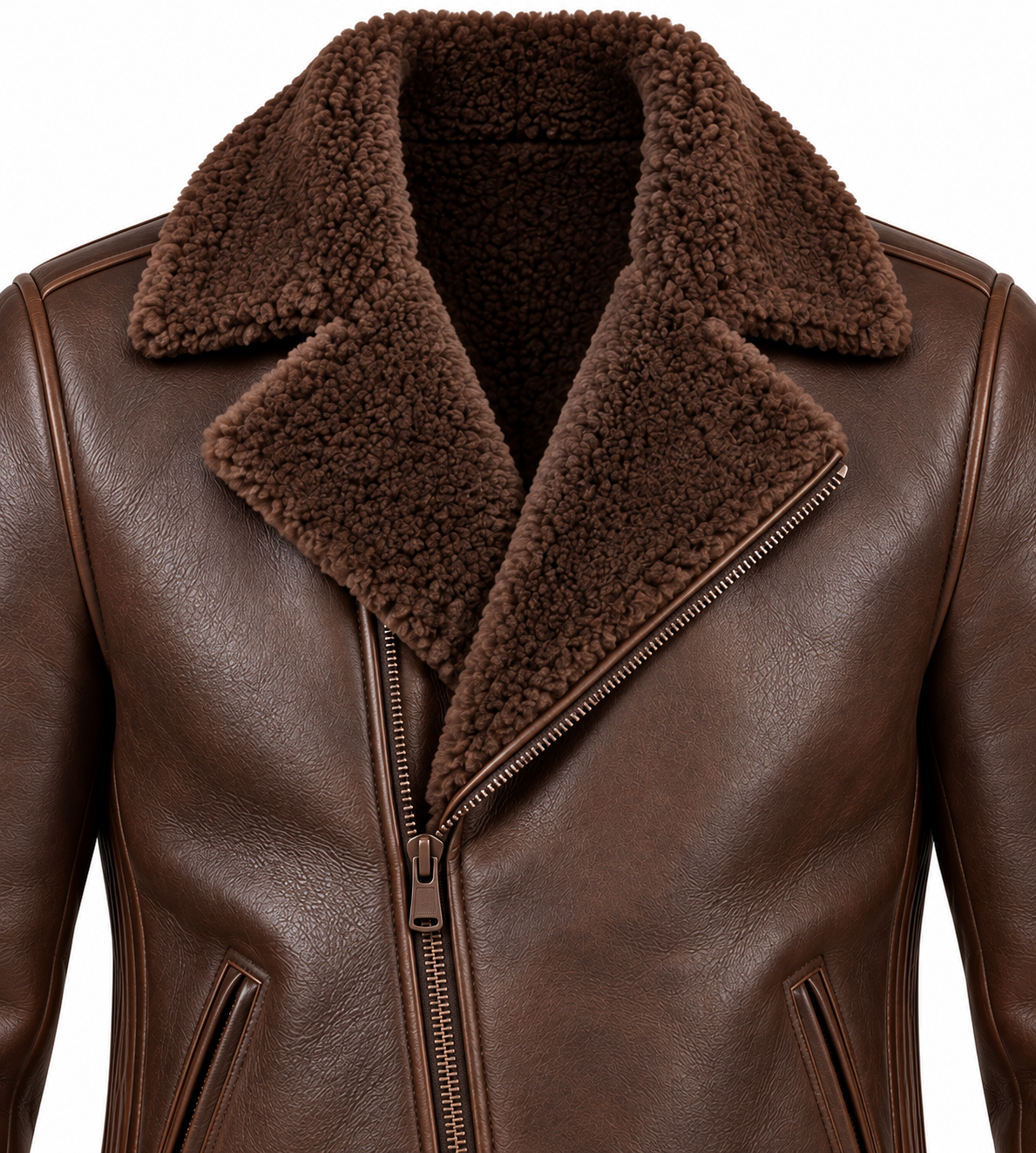Men’s Brown Sheepskin Shearling Accordion-Side Moto Jacket — SH070