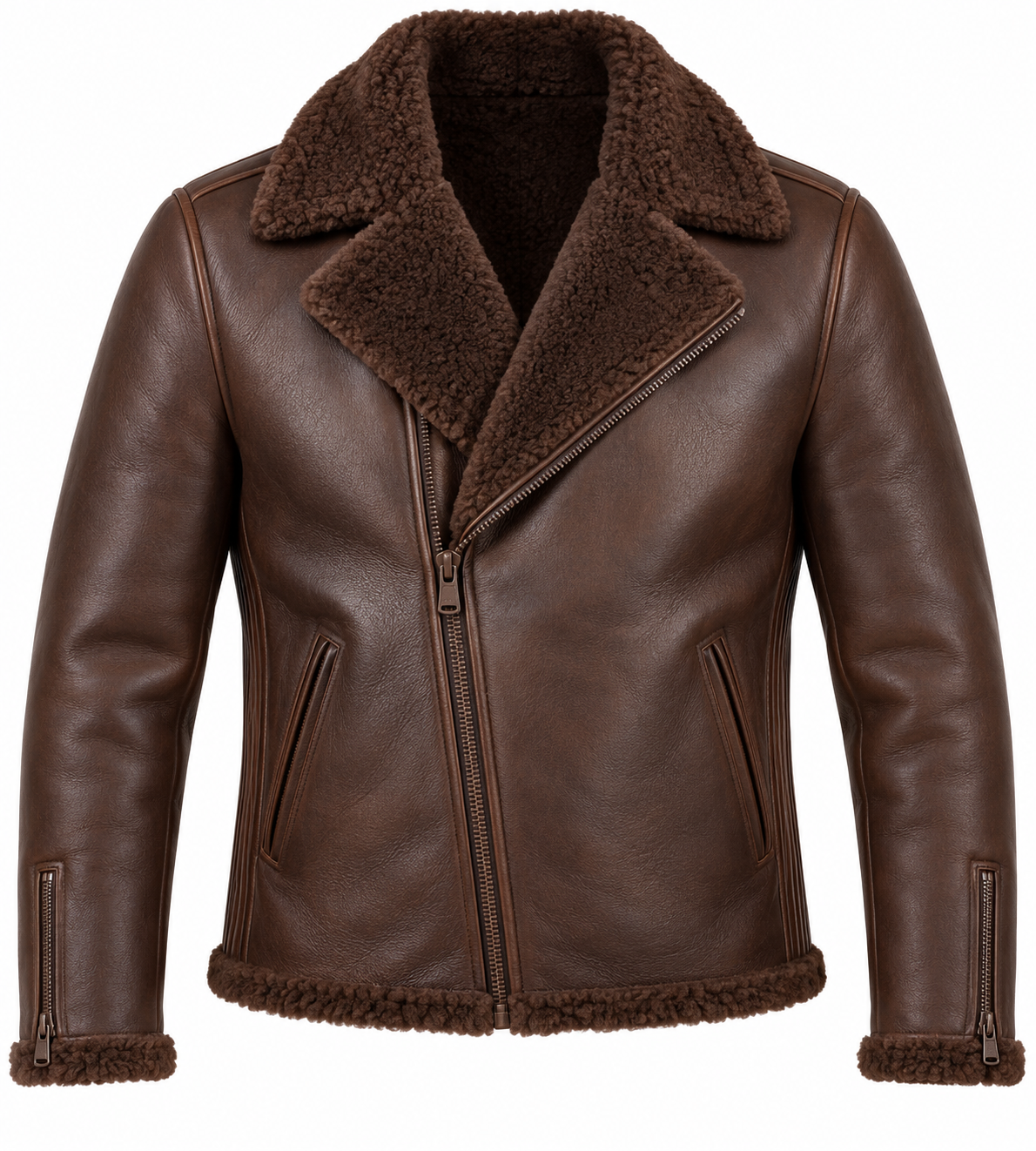 Men’s Brown Sheepskin Shearling Accordion-Side Moto Jacket — SH070