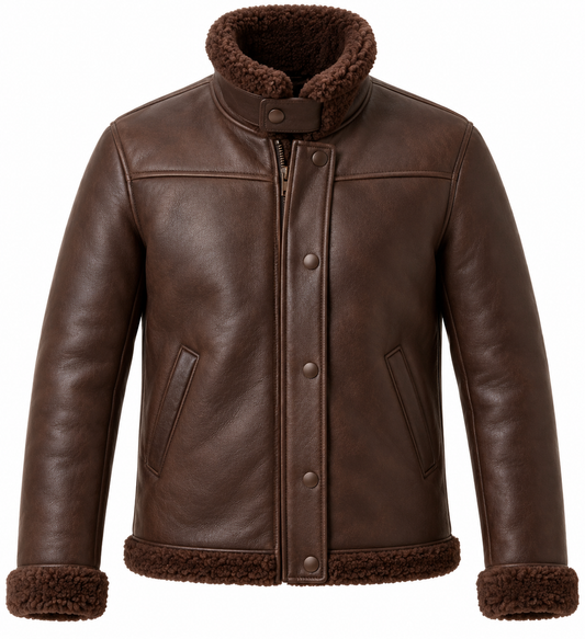 Men’s Brown Sheepskin Shearling Slanted-Welt Storm-Collar Flight Jacket — SH071