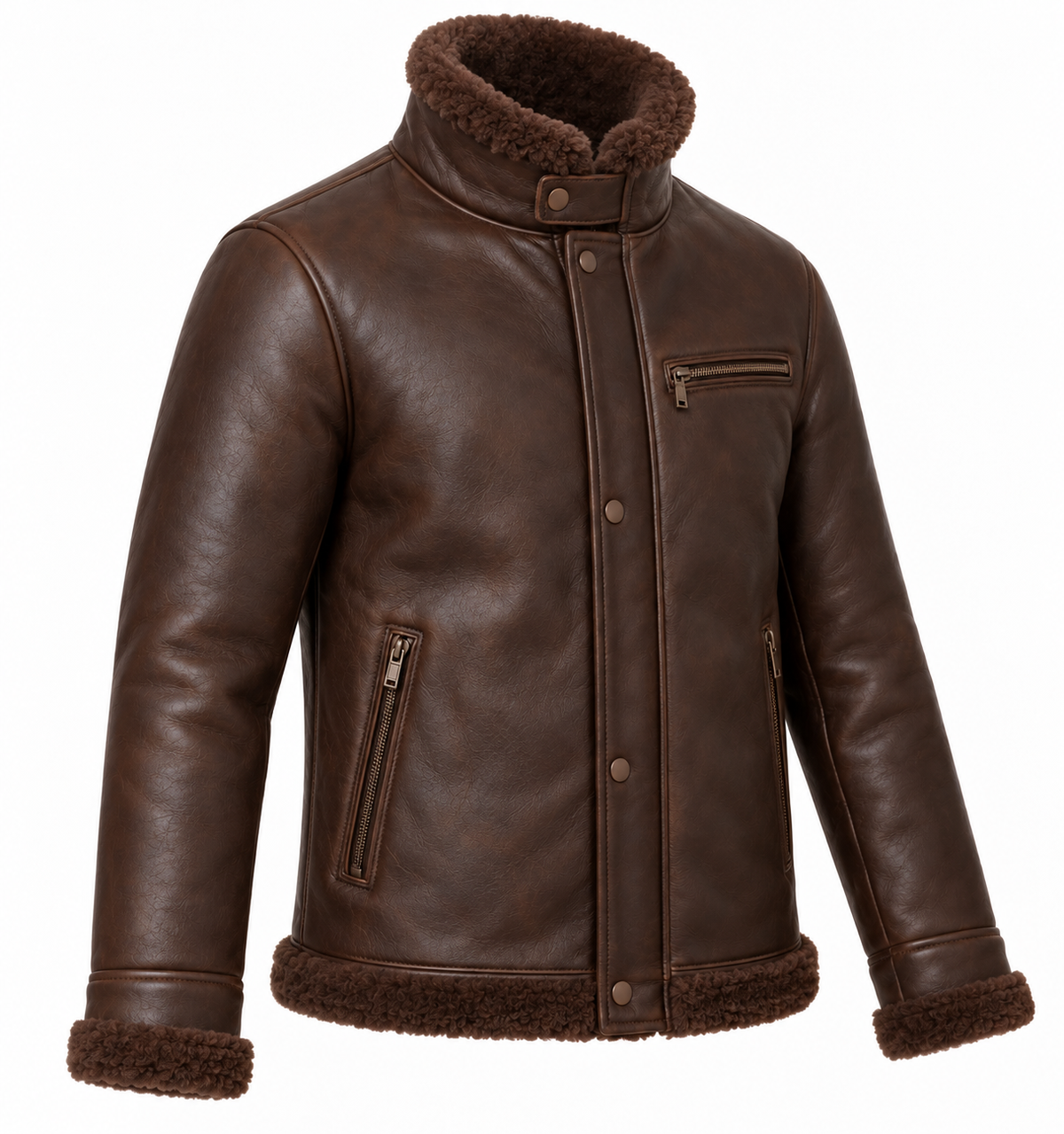Men’s Brown Sheepskin Shearling Twin-Zip Storm-Collar Flight Jacket — SH072