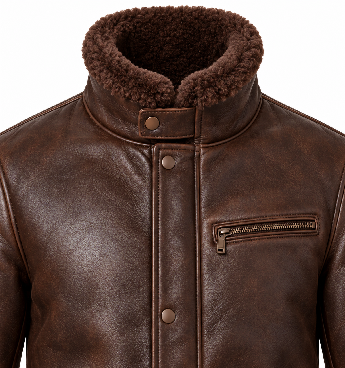 Men’s Brown Sheepskin Shearling Twin-Zip Storm-Collar Flight Jacket — SH072