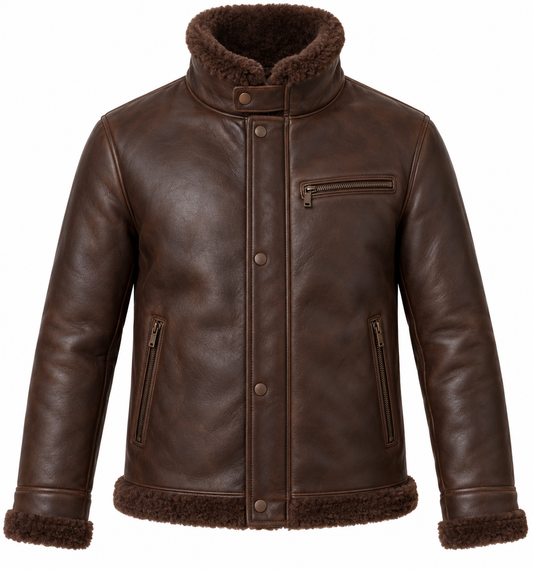 Men’s Brown Sheepskin Shearling Twin-Zip Storm-Collar Flight Jacket — SH072