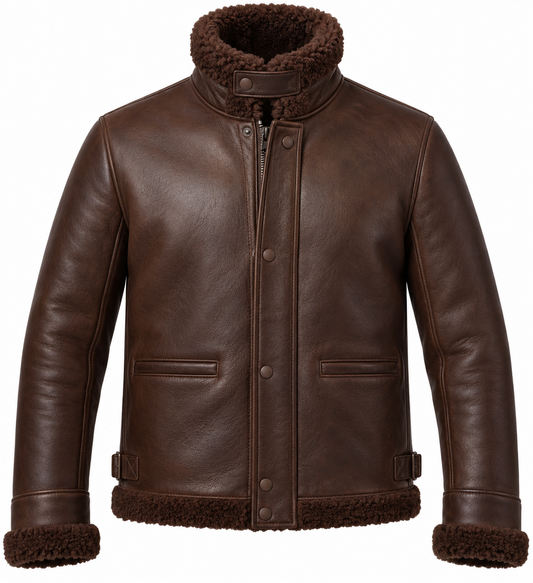 Men’s Brown Sheepskin Shearling Buckle-Waist Storm-Collar Flight Jacket — SH073