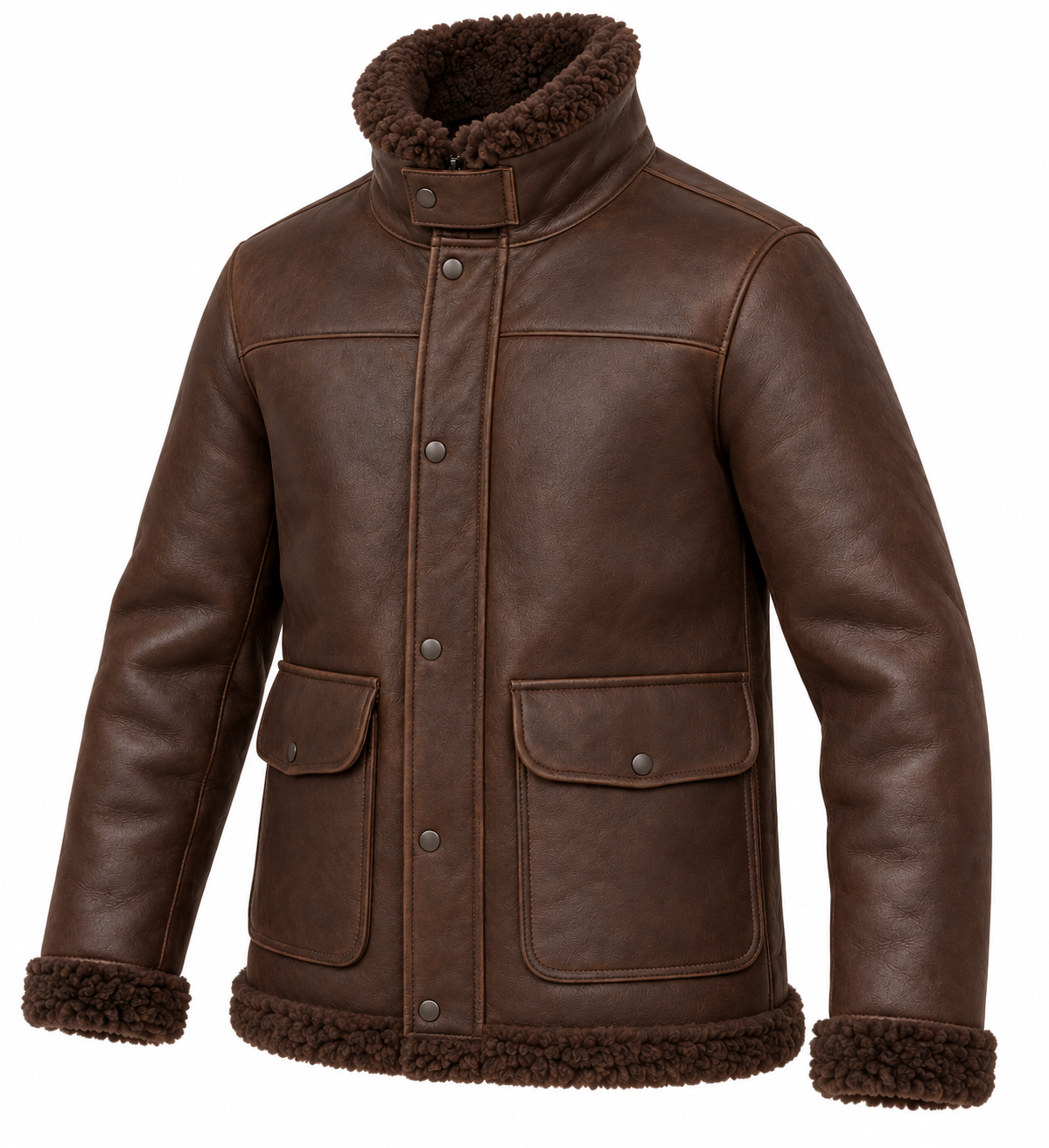 Men’s Brown Sheepskin Shearling Patch-Pocket Storm-Collar Flight Jacket — SH074