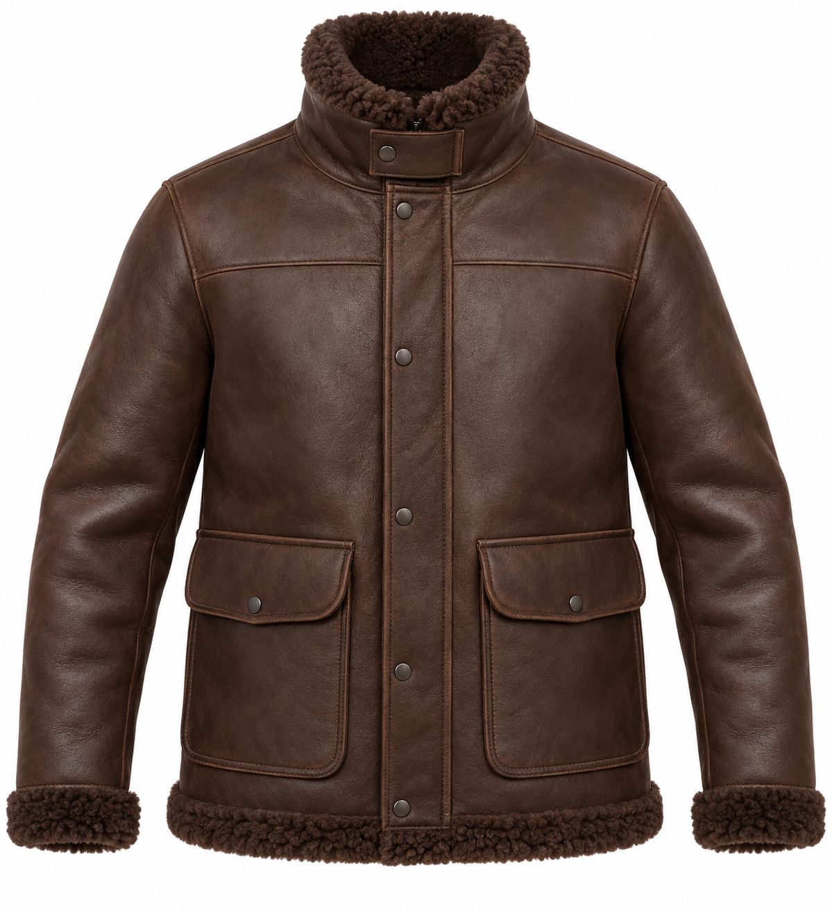 Men’s Brown Sheepskin Shearling Patch-Pocket Storm-Collar Flight Jacket — SH074