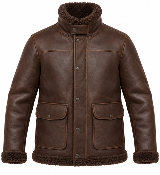 Men’s Brown Sheepskin Shearling Patch-Pocket Storm-Collar Flight Jacket — SH074