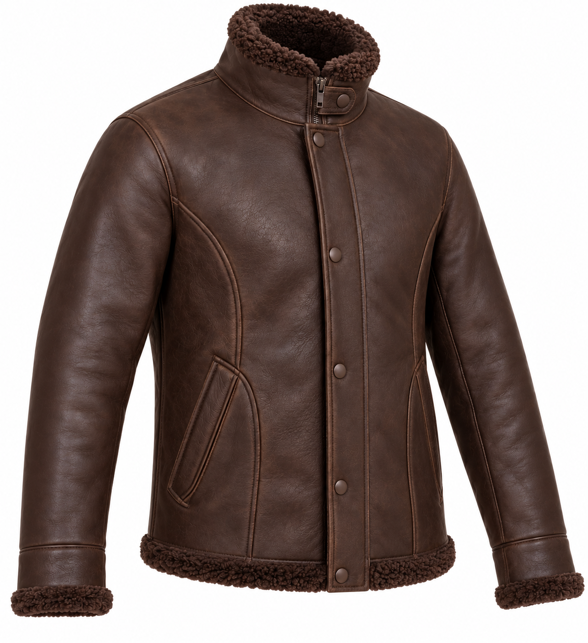 Men’s Brown Sheepskin Shearling Curved-Panel Storm-Collar Flight Jacket — SH075