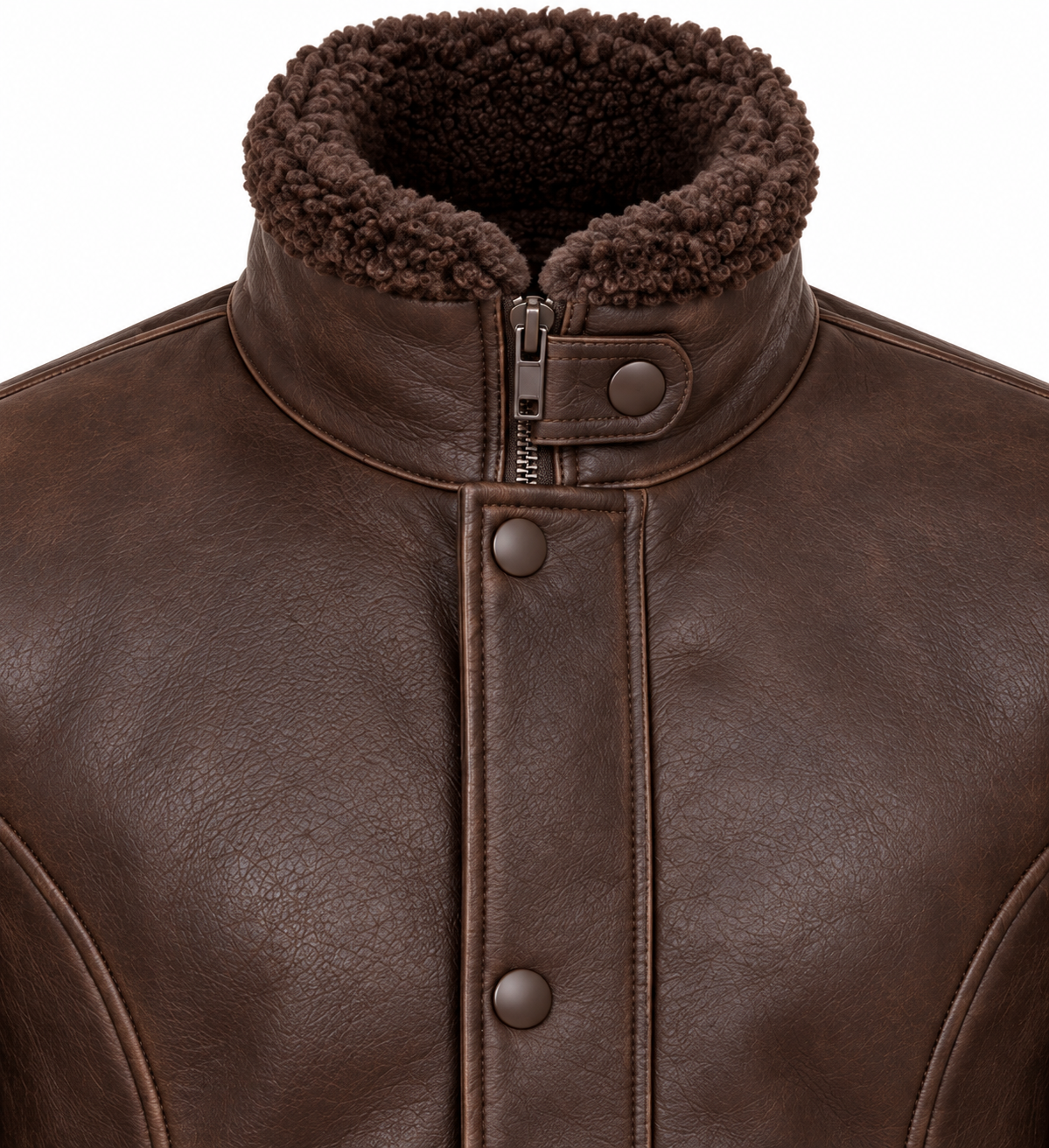 Men’s Brown Sheepskin Shearling Curved-Panel Storm-Collar Flight Jacket — SH075