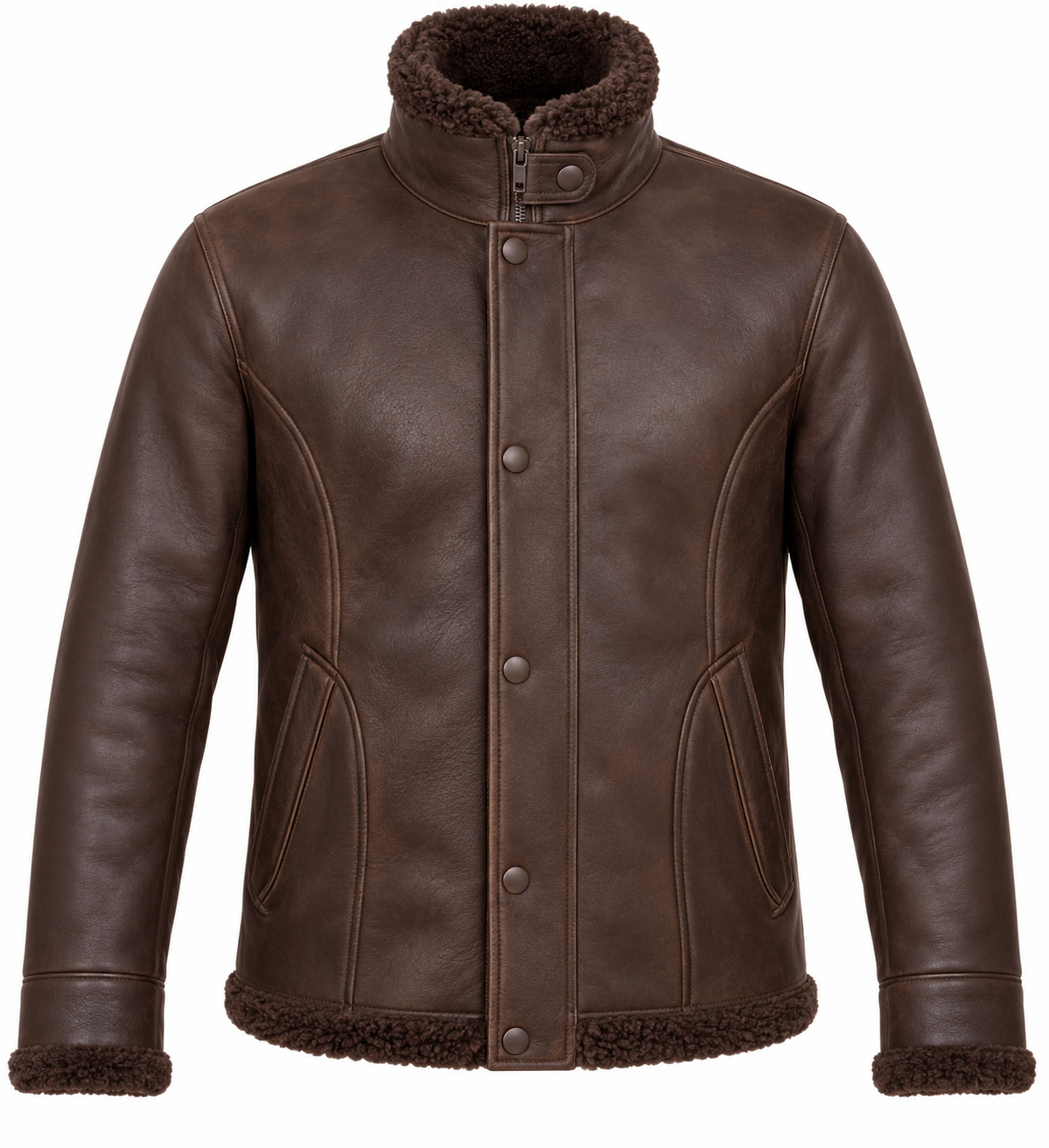 Men’s Brown Sheepskin Shearling Curved-Panel Storm-Collar Flight Jacket — SH075